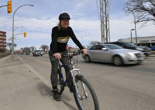 WAYNE GLOWACKI / WINNIPEG FREE PRESS      Mark Cohoe,  Executive Director of Bike Winnipeg with his bike on Pembina Hwy. at  Warsaw Ave.  City hall is preparing for an upgrade to a short stretch of Pembina Highway, from Osborne Street to Grant Boulevard, including separated bike lanes. Its a $11.7 million, two-year project.Aldo Santin story April 22  2016