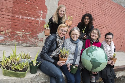 DAVID LIPNOWSKI / WINNIPEG FREE PRESS   Board of directors for ArtsJunktion mb (L-R front row) Melanie Janzen, Andrea Bell Stuart, Dianne Harms, Heather Campbell, (L-R back row) Jessica Dilts, and Marcela Mangarelli pose for a photo during their annual Earth Day celebration and fundraiser Saturday April 23, 2016 at ArtsJunktion mb.