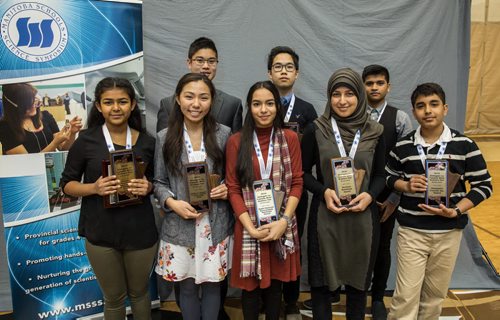 MIKE DEAL / WINNIPEG FREE PRESS The eight students who were chosen to represent Manitoba in the Canada-Wide Science Fair in Montreal in May. (from l-r back row) Justin Lin, Derek Yin, Himanshu Sharma. (from l-r front row) Maitry Mistry, Winnica Beltrano, Tooba Razi, Iqra Sahar Tariq and Rohan Sethi. 160424 - Sunday, April 24, 2016