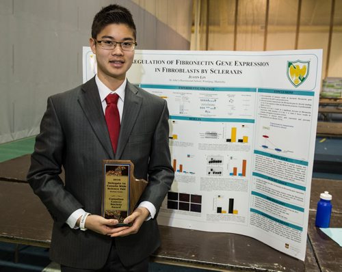 MIKE DEAL / WINNIPEG FREE PRESS Justin Lin a grade 11 student from St. John's Ravenscourt is one of eight students who were chosen to represent Manitoba in the Canada-Wide Science Fair in Montreal in May. Justin's project was called, 'Regulation of Fibronectin Gene Expression in Fibroblasts by Scleraxis.' 160424 - Sunday, April 24, 2016
