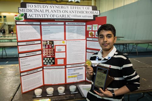 MIKE DEAL / WINNIPEG FREE PRESS Rohan Sethi a grade 8 student from St. Maurice School is one of eight students who were chosen to represent Manitoba in the Canada-Wide Science Fair in Montreal in May. Rohan's project was called, 'To Study the Synergy Effect of Allicin and Other Plant Extracts on Antimicrobial Activity.' 160424 - Sunday, April 24, 2016