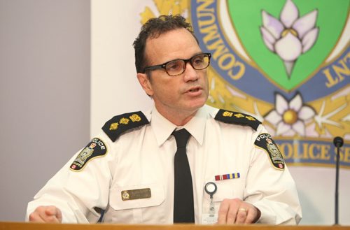 WAYNE GLOWACKI / WINNIPEG FREE PRESS  Winnipeg Police Deputy Chief Danny Smyth speaks to the media in the PSB Tuesday regarding an arrest of a 28 year old male in the murder of Simone Sanderson.¤Erin DeBooy story   April 26 2016