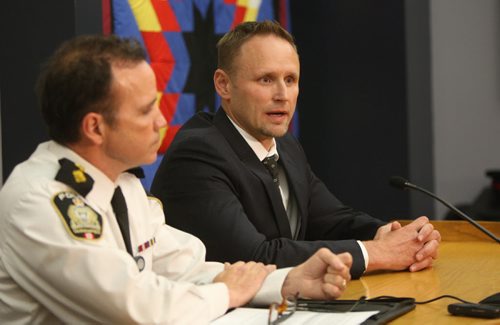 WAYNE GLOWACKI / WINNIPEG FREE PRESS  At left, Winnipeg Police Deputy Chief Danny Smyth and Sgt. Wes Rommel with the Homicide Unit speak to the media in the PSB Tuesday regarding an arrest of a 28 year old male in the murder of Simone Sanderson.¤Erin DeBooy story   April 26 2016