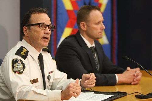 WAYNE GLOWACKI / WINNIPEG FREE PRESS  At left, Winnipeg Police Deputy Chief Danny Smyth and Sgt. Wes Rommel with the Homicide Unit speak to the media in the PSB Tuesday regarding an arrest of a 28 year old male in the murder of Simone Sanderson.¤Erin DeBooy story   April 26 2016