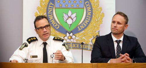 WAYNE GLOWACKI / WINNIPEG FREE PRESS  At left, Winnipeg Police Deputy Chief Danny Smyth and Sgt. Wes Rommel with the Homicide Unit speak to the media in the PSB Tuesday regarding an arrest of a 28 year old male in the murder of Simone Sanderson.¤Erin DeBooy story   April 26 2016