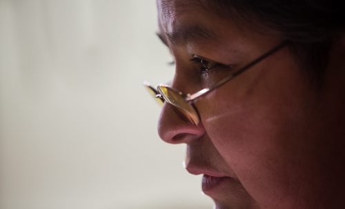 MIKE DEAL / WINNIPEG FREE PRESS Geraldine McManus-Houle a two spirited Dakota Ojibway woman during an interview while inside the INAC office on Hargrave Street Monday afternoon. For nearly two weeks, groups of indigenous protesters have occupied INAC offices in Winnipeg, Toronto and Vancouver. Similar protests have been staged in Regina and Gatineau, Que. 160426 - Tuesday, April 26, 2016