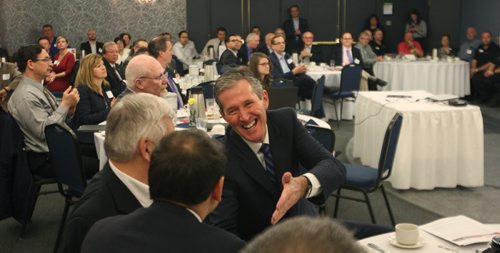 WAYNE GLOWACKI / WINNIPEG FREE PRESS  In centre, Premier-designate Brian Pallister at the Canadian Manufacturers & Exporters Manitoba Annual General Meeting and launch of Industrie2030 held at the Norwood Hotel Wednesday morning. Larry Kusch story  April 27 2016