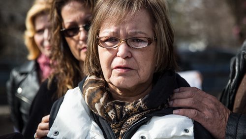 MIKE DEAL / WINNIPEG FREE PRESS Betty-Ann Sanderson, Simone's grandmother, starts to cry during a news conference in the vacant lot at Burrows and Main Street where Simone's body was found. 160427 - Wednesday, April 27, 2016