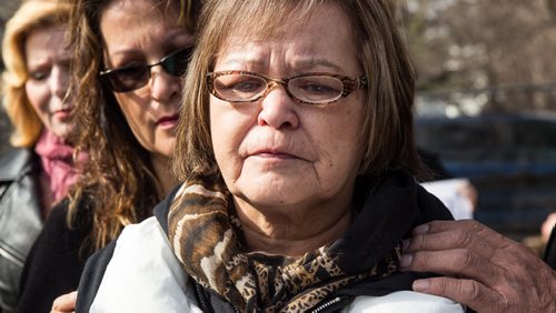 MIKE DEAL / WINNIPEG FREE PRESS Betty-Ann Sanderson, Simone's grandmother, starts to cry during a news conference in the vacant lot at Burrows and Main Street where Simone's body was found. 160427 - Wednesday, April 27, 2016