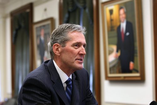 WAYNE GLOWACKI / WINNIPEG FREE PRESS   Premier-designate Brian Pallister holds a news conference in the Legislative Assembly Committee Room in the Manitoba Legislative Building Wednesday. At right is a portrait of former Premier Gary Filmon.  Kristin Annable  /¤Larry Kusch story  April 27 2016