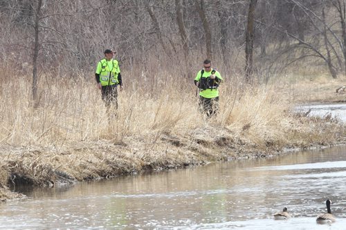JOE BRYKSA / WINNIPEG FREE PRESS  Searchers scour the banks of the Sturgeon Creek looking for missing 60 yr old Catherine Curtis- She was last seen Monday morning in the St James area of Winnipeg, Apr 27 , 2016.(Breaking news)
