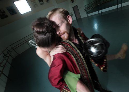 PHIL HOSSACK / WINNIPEG FREE PRESS Jo-Ann Sundermeier and Josh Reynolds -(Tinkerbell and Captain Hook respectively in the RWB's new Peter Pan production) enjoy a moment re-creating their roles at the RWB studios Wednesday. . Holly Harris story.  April 27, 2016