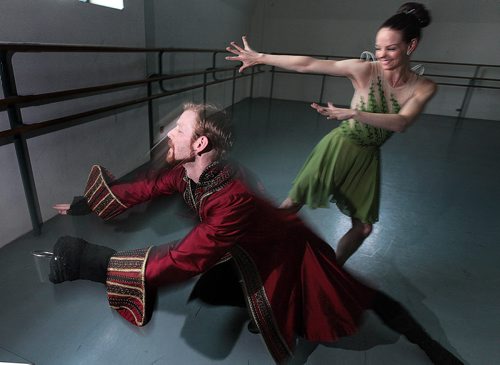 PHIL HOSSACK / WINNIPEG FREE PRESS Jo-Ann Sundermeier tosses her real life partner Josh Reynolds -(aka Tinkerbell and Captain Hook) respectively in the RWB's new Peter Pan production. Holly Harris story.  April 27, 2016