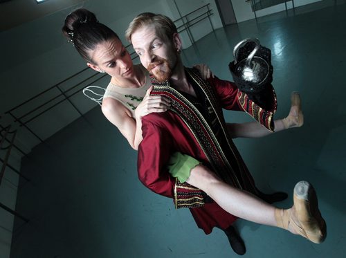 PHIL HOSSACK / WINNIPEG FREE PRESS Jo-Ann Sundermeier and Josh Reynolds -(Tinkerbell and Captain Hook respectively in the RWB's new Peter Pan production) enjoy a moment of fun re-creating their roles at the RWB studios Wednesday. . Holly Harris story.  April 27, 2016