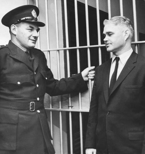 Headingley Jail, July 20, 1956.  Scanned from photograph.  Deputy Supt. of Headingley Jail W.E Lawson (in uniform) & Supt. Barry Littlewood.