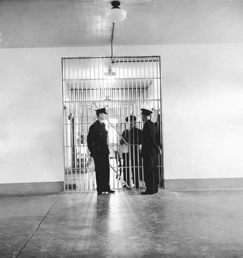 Headingley Jail, July 20, 1956.  Scanned from photograph.  Looking out into main entrance through the third set of doors.