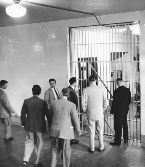 Headingley Jail, July 20, 1956.  Scanned from photograph.  Press, radio and TV boys go inside.