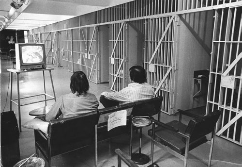 Headingley Jail - Scanned from photograph.  Inmates may watch television until lights out at 11:30 pm. 1974