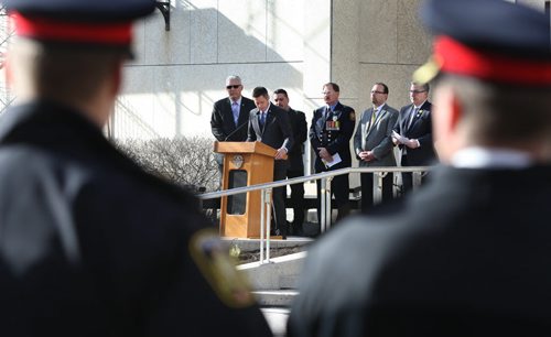 WAYNE GLOWACKI / WINNIPEG FREE PRESS      Mayor Brian Bowman speaks to about 120 people attending the National Day Of Mourning at City Hall Thursday morning in memory of civic employees who died of work related causes. The program included from left,  Doug McNeil,CAO, City of Winnipeg, Gord Delbridge, president, CUPE Local 500, Alex Forrest, president, United Firefighters of Winnipeg, Michael Robinson, president, Winnipeg Association of Public Service Officers and Michael Jack the City's COO. The Winnipeg Police Service Choir also performed . April 28 2016