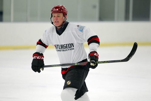 BORIS MINKEVICH / WINNIPEG FREE PRESS Battle of the Badges police fundraising tournament. Former Winnipeg Jets player from the old days Dave Ellett plays on the ice at Southdale Arena. April 29, 2016