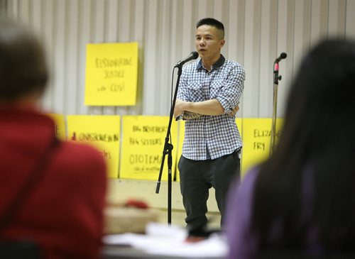 JASON HALSTEAD / WINNIPEG FREE PRESS  Winnipeg community organizer and public speaker Lenard Monkman speaks at the 13 Fires Winnipeg Conversation on Justice event on April 30, 2016, at the University of Winnipeg. Local indigenous leaders hosted the event to focus on the disproportionate representation and experiences of aboriginal people in Manitoba's criminal justice system.