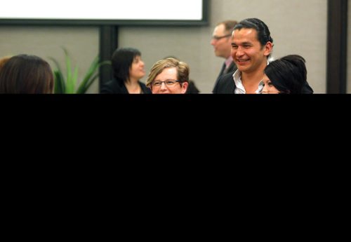 BORIS MINKEVICH / WINNIPEG FREE PRESS Manitoba Book Awards at the Radisson Downtown. Wab Kinew gets the McNally Robinson Book of the Year award. Here he poses for some photos with fans.  April 30, 2016