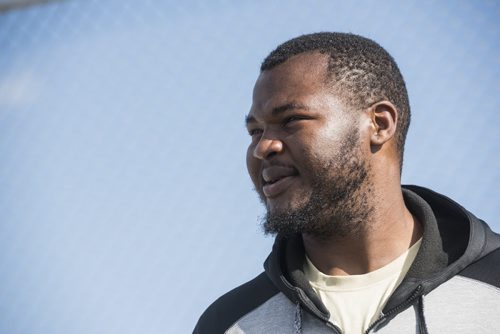 DAVID LIPNOWSKI / WINNIPEG FREE PRESS  Former University of Manitoba Bisons' David Onyemata at the University of Manitoba Bisons 2016 spring camp Sunday May 1, 2016 at the University of Manitoba Turf Fields. David Onyemata is the first Bison to be drafted into the NFL.