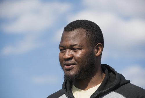 DAVID LIPNOWSKI / WINNIPEG FREE PRESS  Former University of Manitoba Bisons' David Onyemata at the University of Manitoba Bisons 2016 spring camp Sunday May 1, 2016 at the University of Manitoba Turf Fields. David Onyemata is the first Bison to be drafted into the NFL.