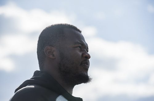 DAVID LIPNOWSKI / WINNIPEG FREE PRESS  Former University of Manitoba Bisons' David Onyemata at the University of Manitoba Bisons 2016 spring camp Sunday May 1, 2016 at the University of Manitoba Turf Fields. David Onyemata is the first Bison to be drafted into the NFL.