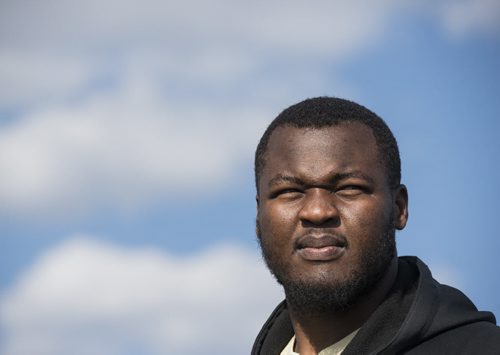 DAVID LIPNOWSKI / WINNIPEG FREE PRESS  Former University of Manitoba Bisons' David Onyemata at the University of Manitoba Bisons 2016 spring camp Sunday May 1, 2016 at the University of Manitoba Turf Fields. David Onyemata is the first Bison to be drafted into the NFL.