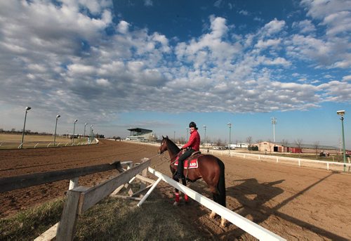 PHIL HOSSACK / WINNIPEG FREE PRESS "Outrider" Laura McIvor keeps an eye on horses and riders working out on the main track at Assiniboia Downs Monday. Her job as outrider is to be track marshal, guide the traffic and woatch for falls among other things. The track's Opening Day first day's Post Time is Sunday at 730 pm. May 2, 2016