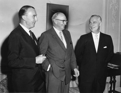 WINNIPEG FREE PRESS FILES A triple alliance in the electrical industry has been formed by as many companies with interest in a Fort Garry company, Telecables and Wires Ltd. This company is the first to manufacture telephone cables in Western Canada. Attending the first annual meeting of the company in Toronto were (left to right) Sir John Dean, from the Telegraph Construction and Maintenance Co. Ltd., of the United Kingdom; O. W. Titus, president, Telecables and Wires Ltd. and Canada Wire and Cable Co. Ltd., Toronto; and J. R. MacDonald, president, General Cable Corp. of the United States. July 15, 1957