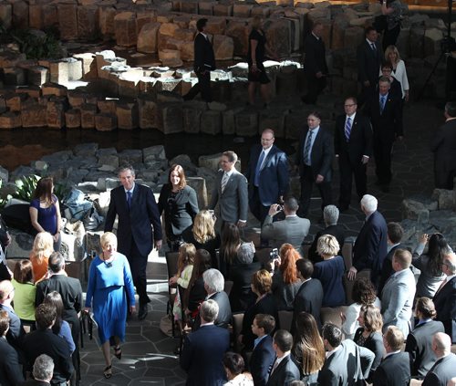 JOE BRYKSA / WINNIPEG FREE PRESS   Brian Pallisterw leads his cabinet to the swearing in ceremony at the Canadian Museum for Human Rights Tuesday  , May 03 , 2016.(See Larry Kusch story)