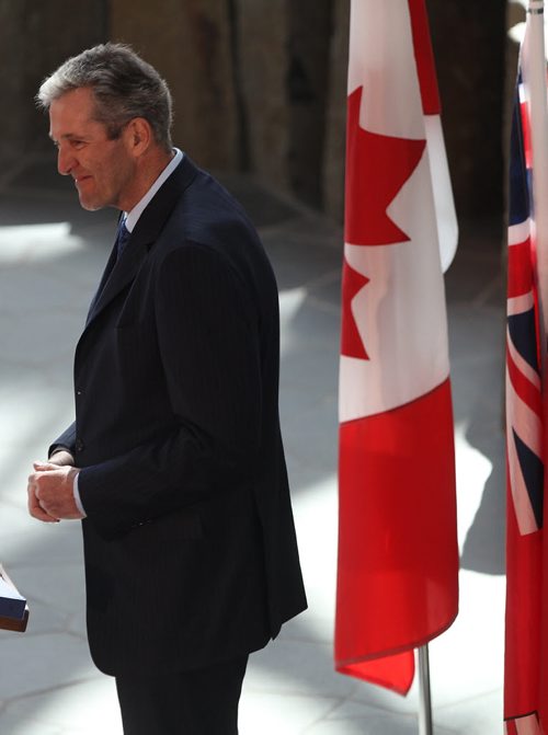 JOE BRYKSA / WINNIPEG FREE PRESS   Brian Pallister as Premier of Manitoba acknowledges the  crowd at the conclusion of a ceremony at the Canadian Museum for Human Rights Tuesday  , May 03 , 2016.(See Larry Kusch story)