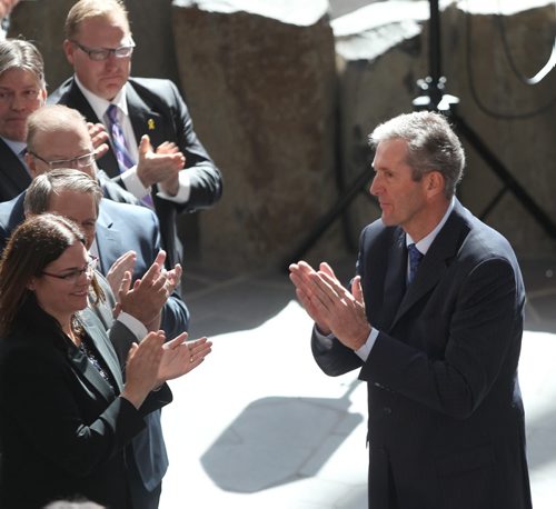 JOE BRYKSA / WINNIPEG FREE PRESS   Brian Pallister as Premier of Manitoba acknowledges crowd at the conclusion of a ceremony at the Canadian Museum for Human Rights Tuesday  , May 03 , 2016.(See Larry Kusch story)