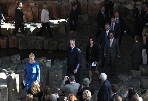 JOE BRYKSA / WINNIPEG FREE PRESS   Brian Pallisterw leads his cabinet to the swearing in ceremony at the Canadian Museum for Human Rights Tuesday  , May 03 , 2016.(See Larry Kusch story)