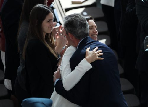 JOE BRYKSA / WINNIPEG FREE PRESS   Brian Pallister as Premier of Manitoba hugs his wife Esther  at the conclusion of a ceremony at the Canadian Museum for Human Rights Tuesday  , May 03 , 2016.(See Larry Kusch story)