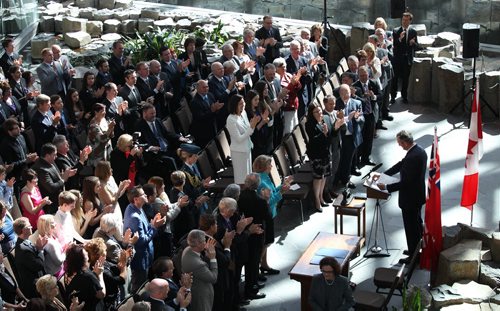 JOE BRYKSA / WINNIPEG FREE PRESS   Brian Pallister as Premier of Manitoba acknowledges the  crowd at the conclusion of a ceremony at the Canadian Museum for Human Rights Tuesday  , May 03 , 2016.(See Larry Kusch story)