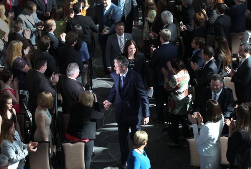 JOE BRYKSA / WINNIPEG FREE PRESS   Brian Pallisterw leads his cabinet to the swearing in ceremony at the Canadian Museum for Human Rights Tuesday  , May 03 , 2016.(See Larry Kusch story)