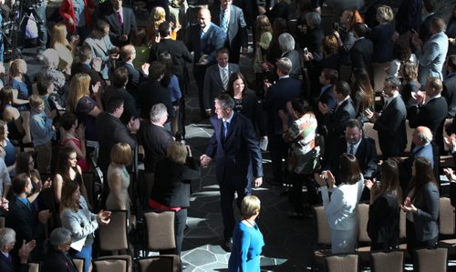 JOE BRYKSA / WINNIPEG FREE PRESS   Brian Pallisterw leads his cabinet to the swearing in ceremony at the Canadian Museum for Human Rights Tuesday  , May 03 , 2016.(See Larry Kusch story)