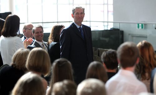 WAYNE GLOWACKI / WINNIPEG FREE PRESS   Premier Brian Pallister arrives at the swearing-in ceremony Tuesday held in the Garden of Contemplation in the  Canadian Museum for Human Rights. Nick Martin, Dan Lett, Larry Kusch stories    May3  2016