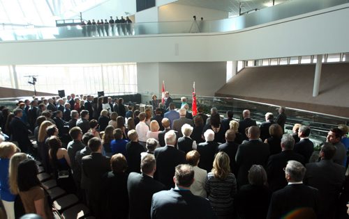 WAYNE GLOWACKI / WINNIPEG FREE PRESS   Premier Brian Pallister speaks at the podium at the swearing-in ceremony Tuesday held in the Garden of Contemplation in the  Canadian Museum for Human Rights. Nick Martin, Dan Lett, Larry Kusch stories    May3  2016