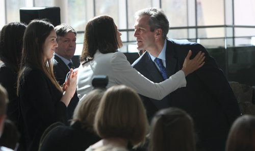 WAYNE GLOWACKI / WINNIPEG FREE PRESS   Premier Brian Pallister kisses his wife Esther prior to the swearing-in ceremony Tuesday held in the Garden of Contemplation in the  Canadian Museum for Human Rights. Nick Martin, Dan Lett, Larry Kusch stories    May3  2016