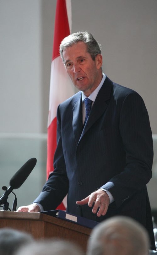 WAYNE GLOWACKI / WINNIPEG FREE PRESS   Premier Brian Pallister at podium after the swearing-in ceremony Tuesday held in the Garden of Contemplation in the  Canadian Museum for Human Rights. Nick Martin, Dan Lett, Larry Kusch stories    May3  2016