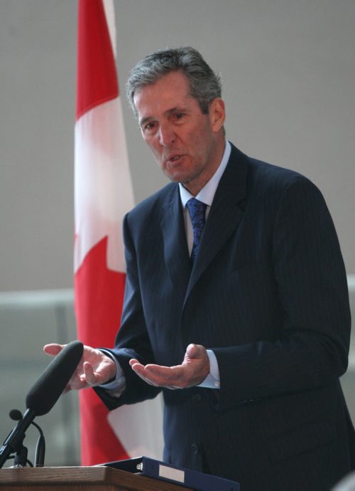 WAYNE GLOWACKI / WINNIPEG FREE PRESS   Premier Brian Pallister at the podium after the swearing-in ceremony Tuesday held in the Garden of Contemplation in the  Canadian Museum for Human Rights. Nick Martin, Dan Lett, Larry Kusch stories    May3  2016