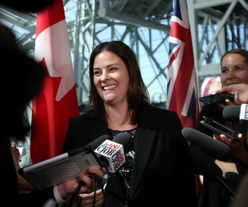 WAYNE GLOWACKI / WINNIPEG FREE PRESS   Heather Stefanson, Minister of Justice and Attorney General speaks after the swearing-in ceremony held in the Canadian Museum for Human Rights on Tuesday. Nick Martin, Dan Lett, Larry Kusch stories    May 3  2016