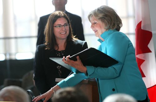 WAYNE GLOWACKI / WINNIPEG FREE PRESS   At left, Heather Stefanson, Minister of Justice and Attorney General with Lt. Gov. Janice Filmon at her swearing-in ceremony held in the Canadian Museum for Human Rights on Tuesday. Nick Martin, Dan Lett, Larry Kusch stories    May 3  2016