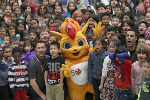 JOE BRYKSA / WINNIPEG FREE PRESS  The Canada Games mascot was introduced to lucky students at Dufferin School Tuesday- The Canada Games are holding a contest name the mascot from May 4 to 27 , 2016- The Games are in Winnipeg July 28-Aug 13, 2016.  May 04 , 2016.(See Ashley Prest)