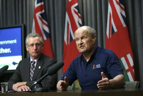 WAYNE GLOWACKI / WINNIPEG FREE PRESS    At left, Infrastructure Minister Blaine Pedersen and Gary Friesen, Fire Program Manager with the Manitoba Government  give an update Wednesday on the Manitoba wildfires. The news conference was held in the press room in the Manitoba Legislative Building.    Kristin Annable  story.     May 4  2016