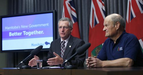 WAYNE GLOWACKI / WINNIPEG FREE PRESS    At left, Infrastructure Minister Blaine Pedersen and Gary Friesen, Fire Program Manager with the Manitoba Government  give an update Wednesday on the Manitoba wildfires. The news conference was held in the press room in the Manitoba Legislative Building.  Kristin Annable  story.     May 4  2016